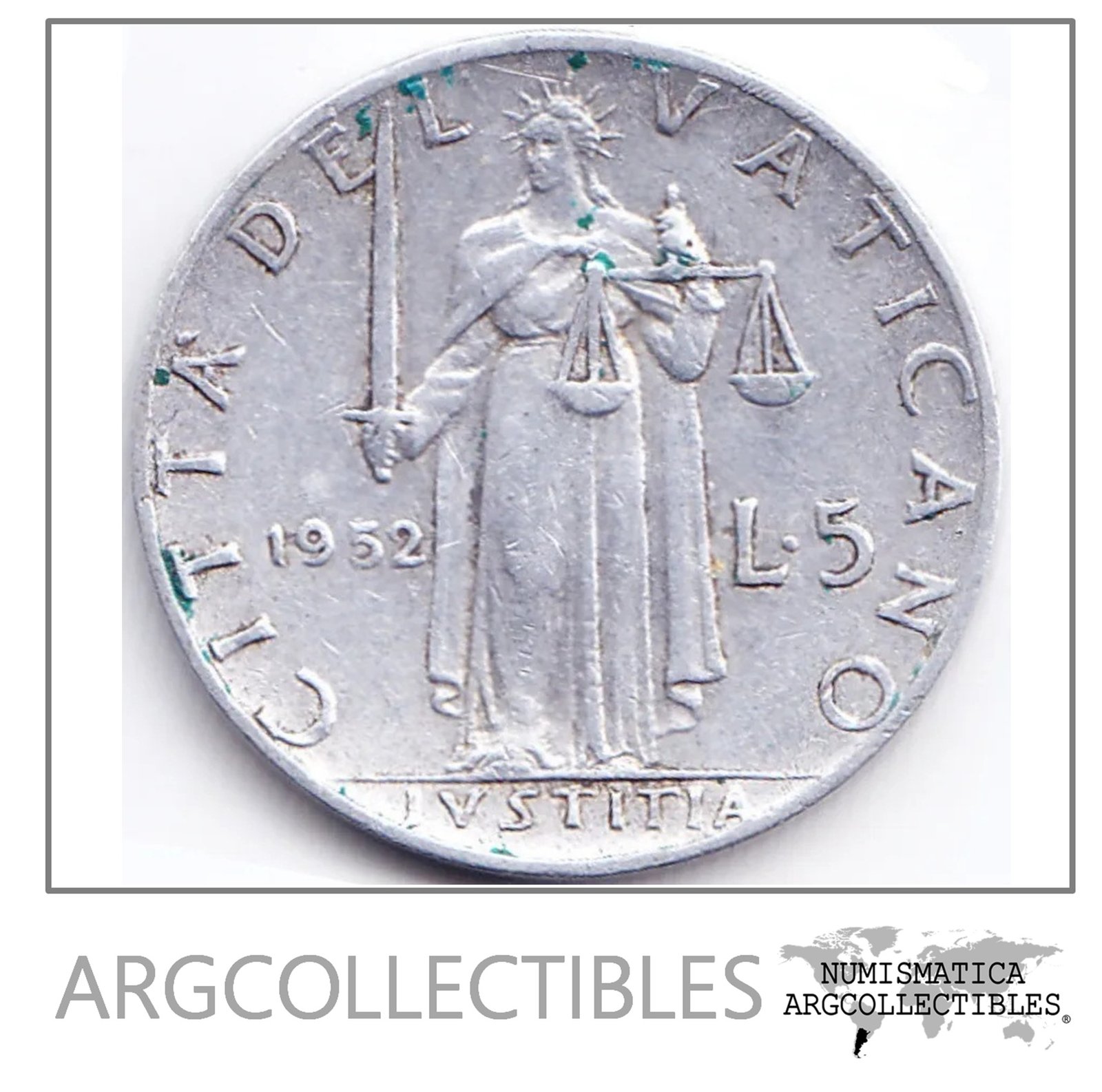 Vaticano Moneda 5 Liras Aluminio 1952 Papa Pio Xii Km# 51 UNC