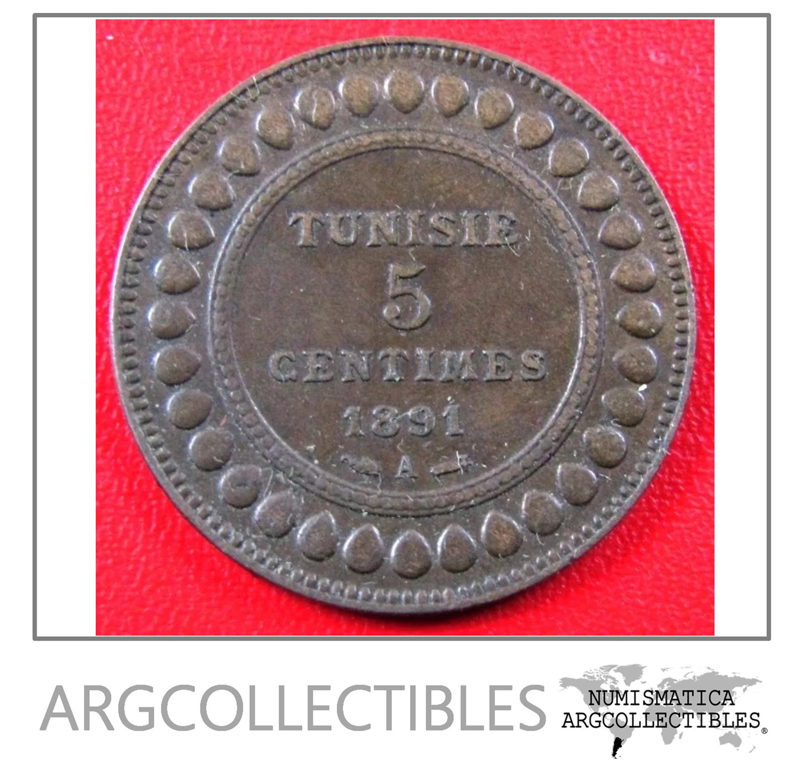 Tunez Moneda 5 Centimos 1891 Km # 221 Xf+