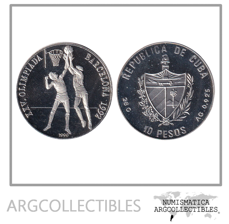 Cuba Moneda 10 Pesos 1990 Olimpiada Barcelona 92 Basketball Plata KM-362 Proof