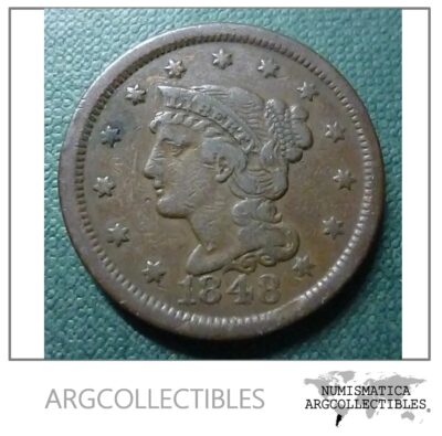 USA Moneda 1 Centavo 1848 Cobre Braided Hair KM-67 Vf+