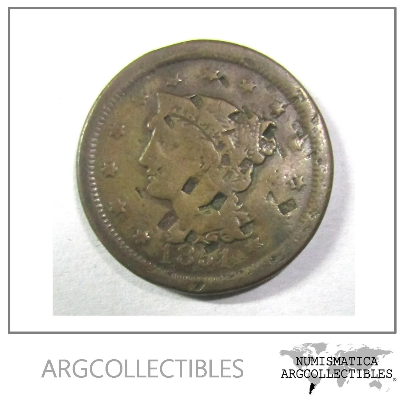 USA Moneda 1 Centavo 1851 Cobre Braided Hair Cent KM-67 Poor