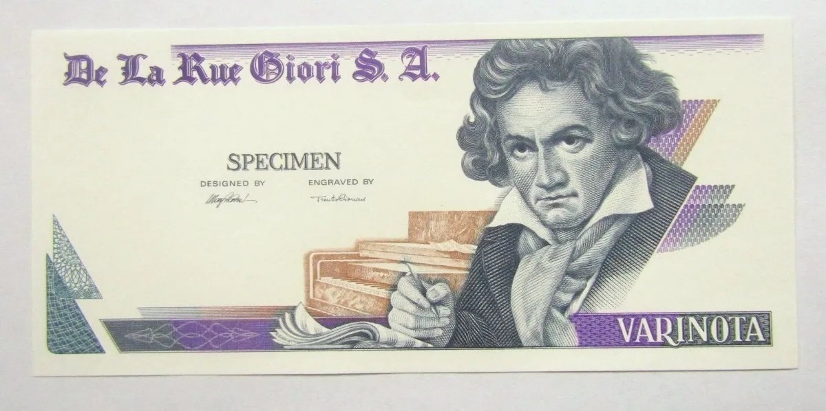 Francia Billete Varinota Morada Especimen Specimen Prueba Beethoven / De La Rue Giori S.a. - Imagen 3
