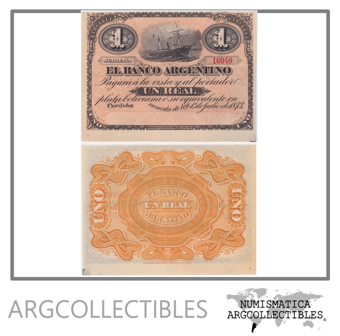 ARGENTINA Billete 1 Real, Pick S1479 (B/COR-46R), UNC, 1873 (Banco Argentino)