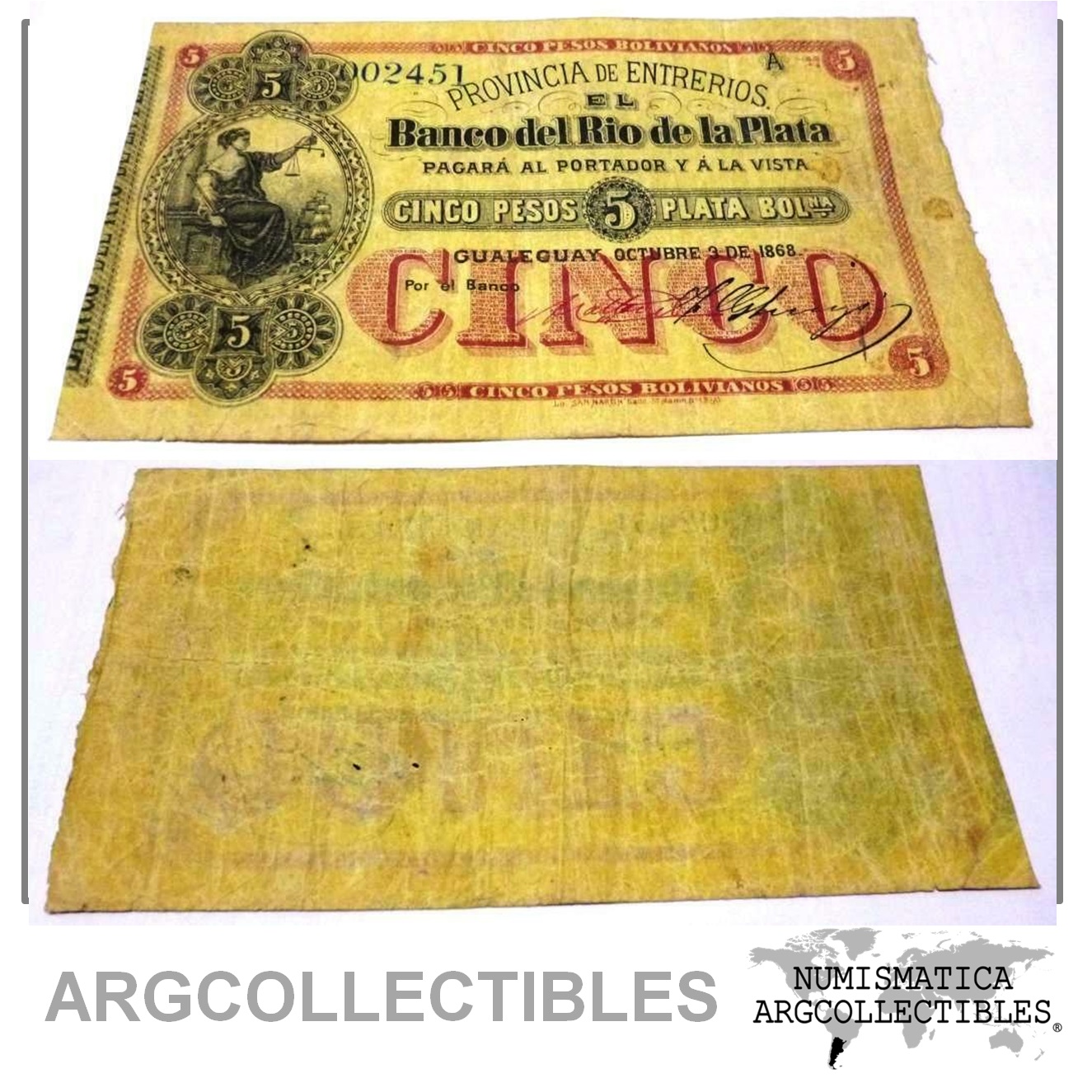 ARGENTINA Billete 5 Pesos Plata, Pick S1837a VF+ 1868 (Entre Rios)