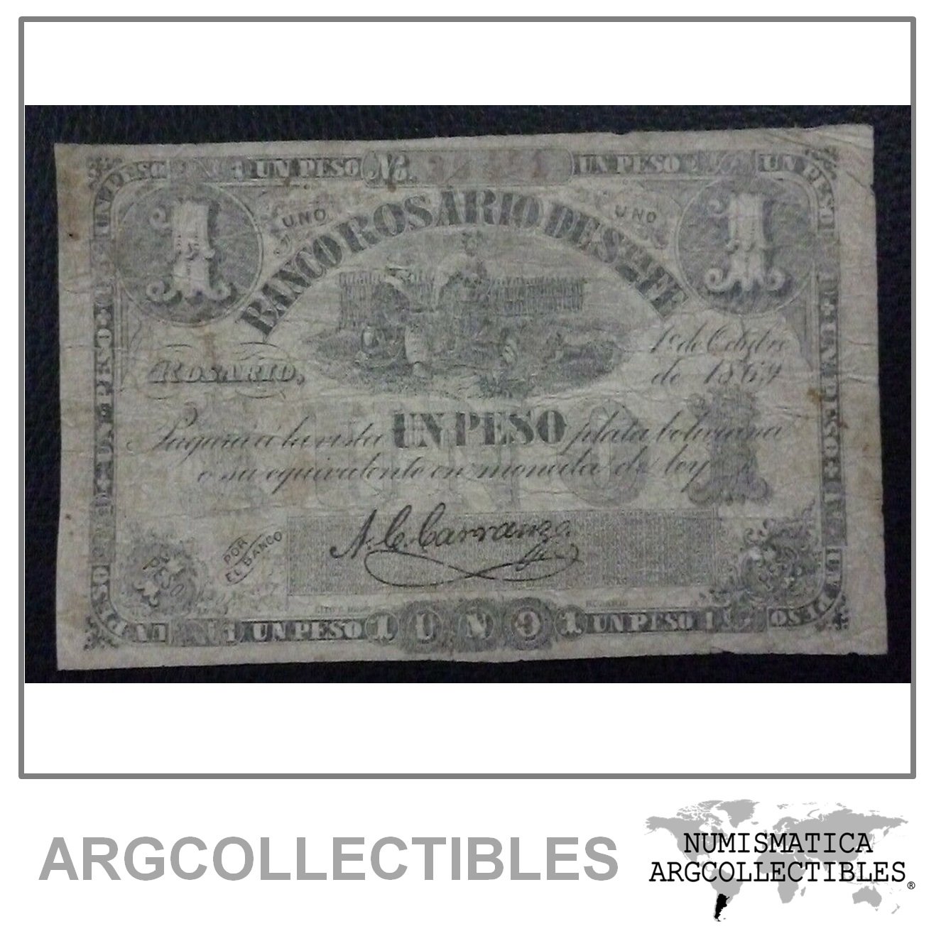 ARGENTINA Billete 1 Peso, Pick S1854A F+ 1869 - (Banco Rosario de Santa Fe)