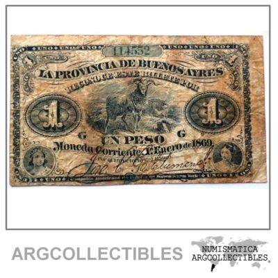 ARGENTINA Billete 1 Peso, Pick S481 F+ 1869 (Buenos Aires)