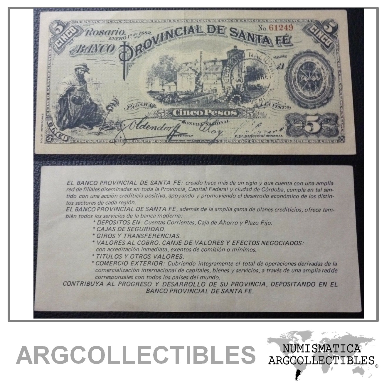 ARGENTINA Billete FACSIMIL 5 Pesos, Pick S828 UNC 1882 (Santa Fe)