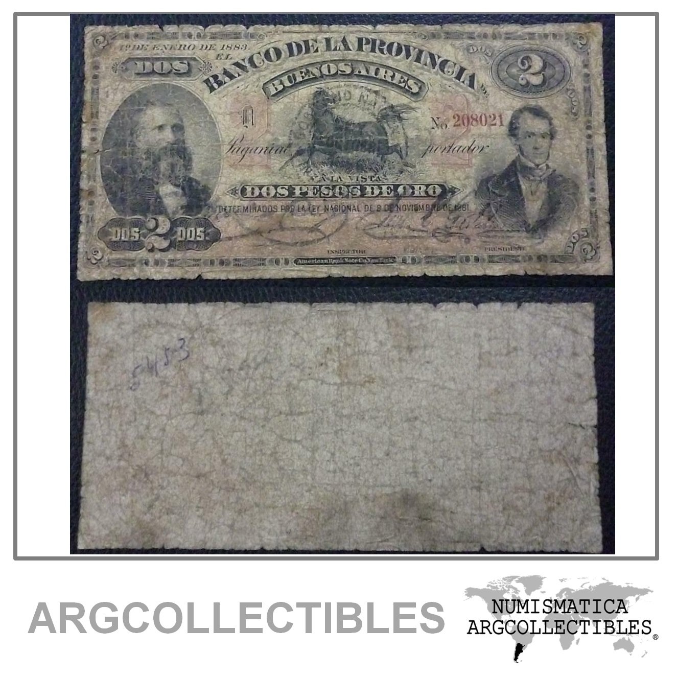 ARGENTINA Billete 2 Pesos, Pick S546b VG 1883 (Buenos Aires)