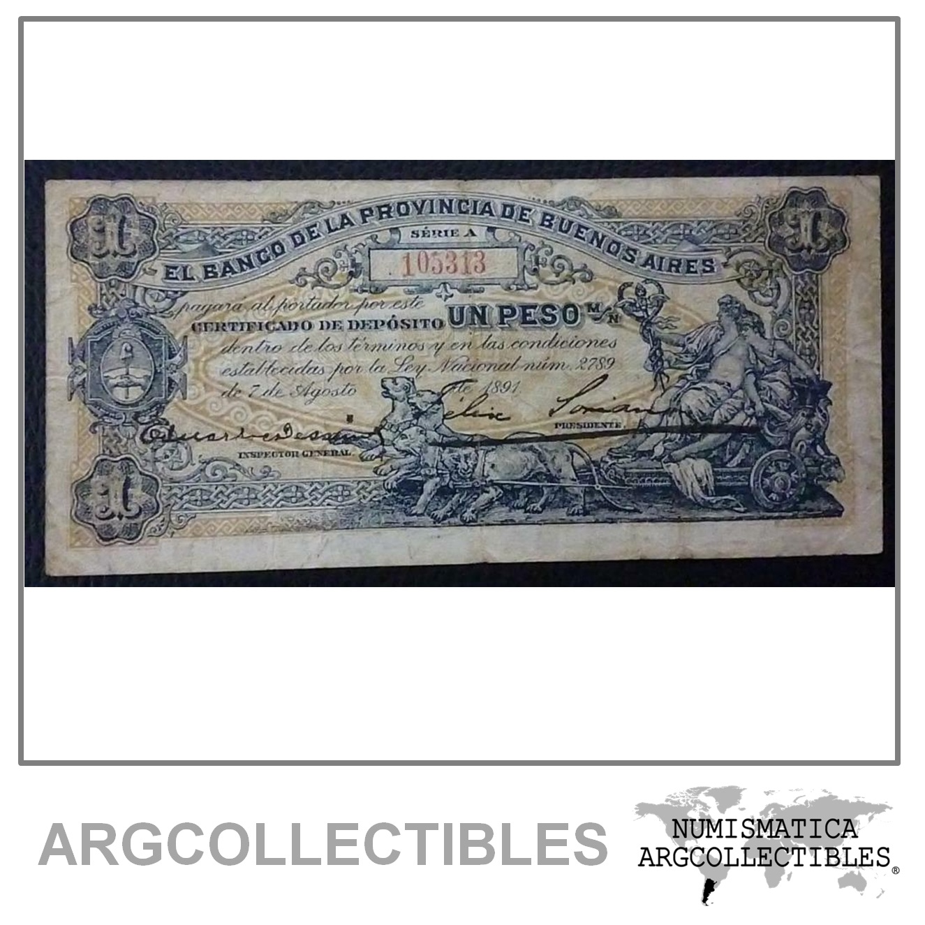 ARGENTINA Billete 1 Peso, Pick S573 VF 1891 (Buenos Aires)