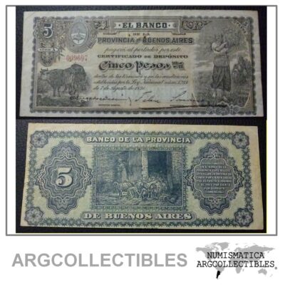 ARGENTINA Billete 5 Pesos, Pick S575a VF 1891 (Banco Provincia de Buenos Aires)