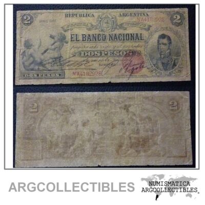ARGENTINA Billete 2 Pesos, P.S1092b F 1891 (Banco Nacional)