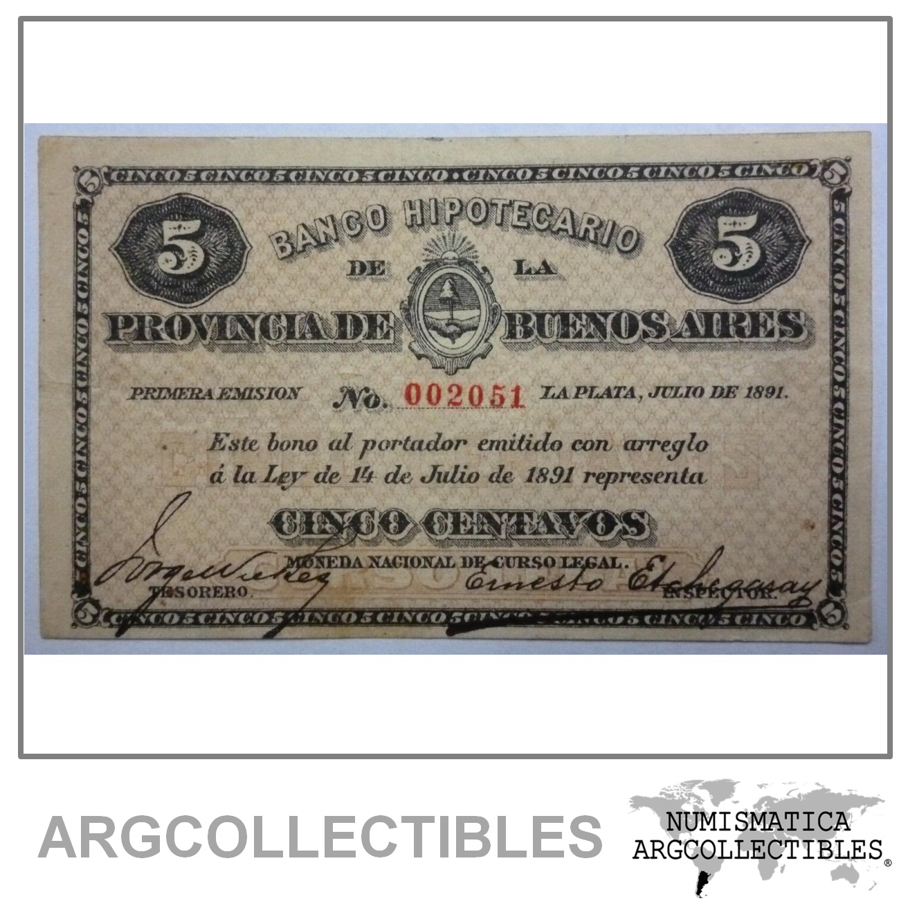 ARGENTINA Billete 5 Centavos, Pick S611 AU 1891