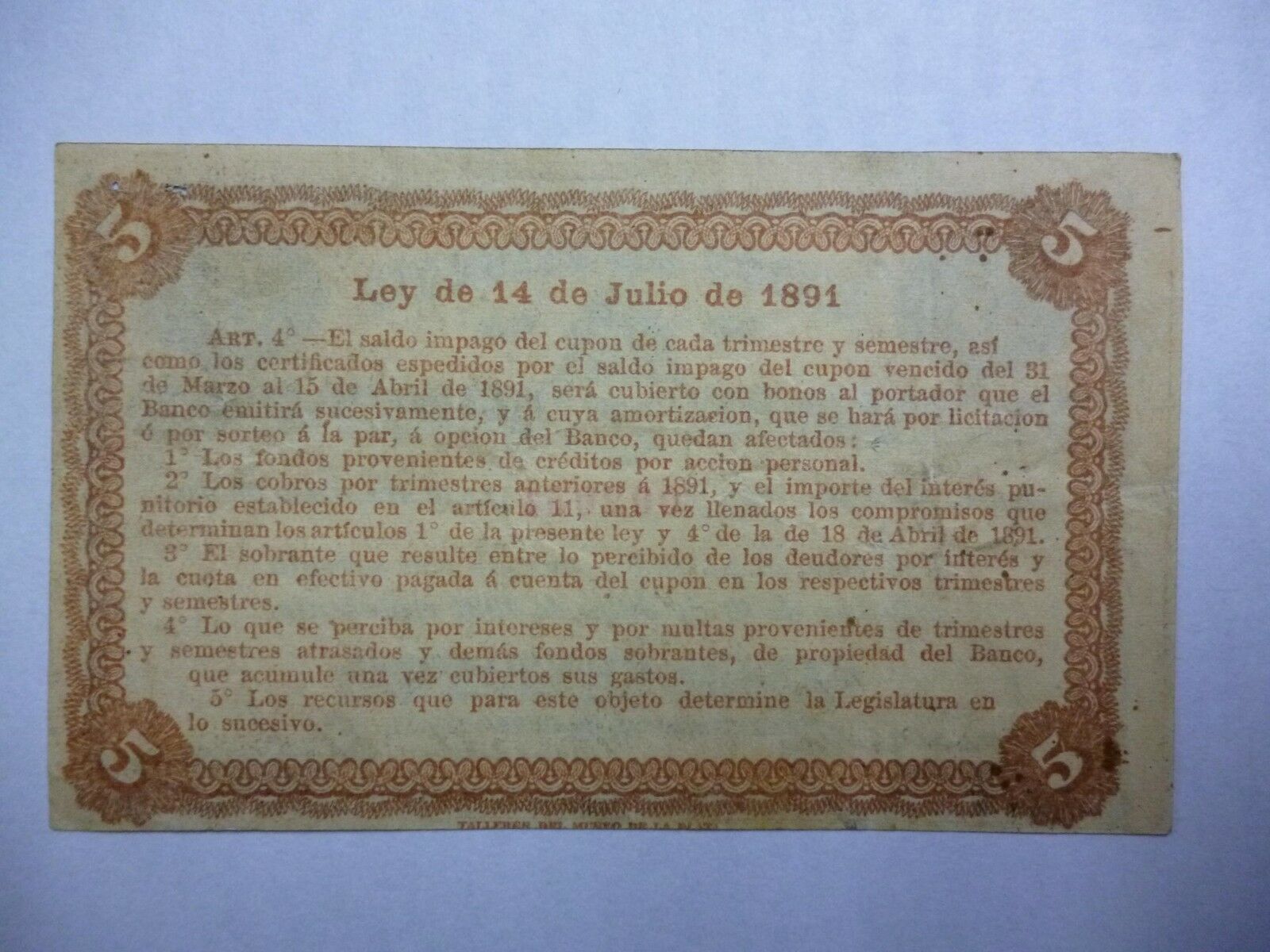 ARGENTINA Billete 5 Centavos, Pick S611 AU 1891 - Imagen 2
