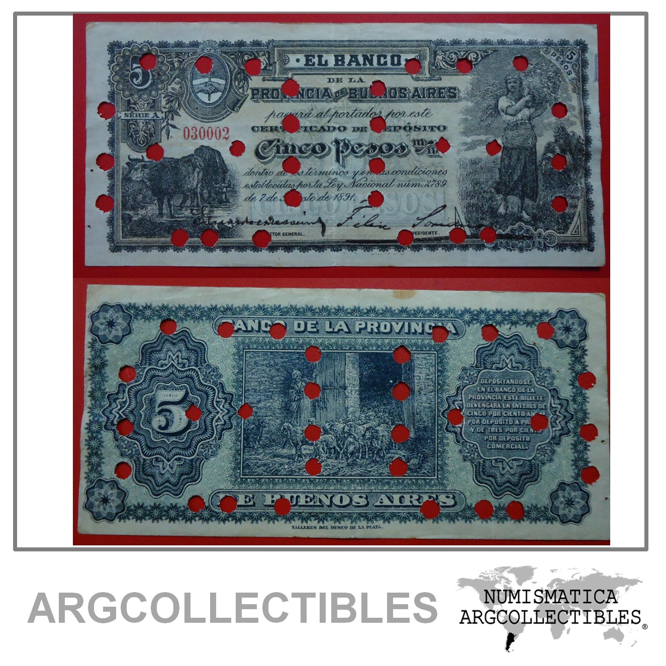 ARGENTINA Billete 5 Pesos, Pick S575 Dated 1891 (Cancelado)