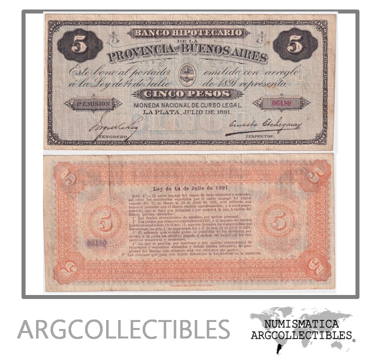 ARGENTINA Billete 5 Pesos, Pick S617 VF 1891 (Banco Hipotecario)