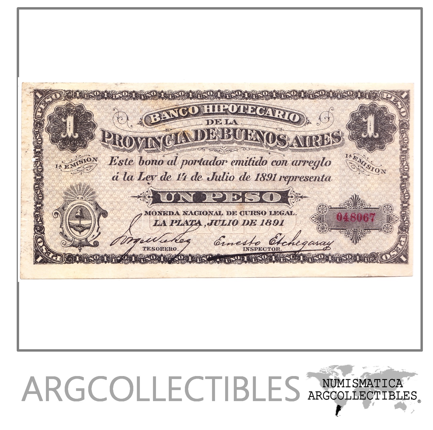ARGENTINA Billete 1 Peso, P.S615 XF 1891 Agujero (Buenos Aires)