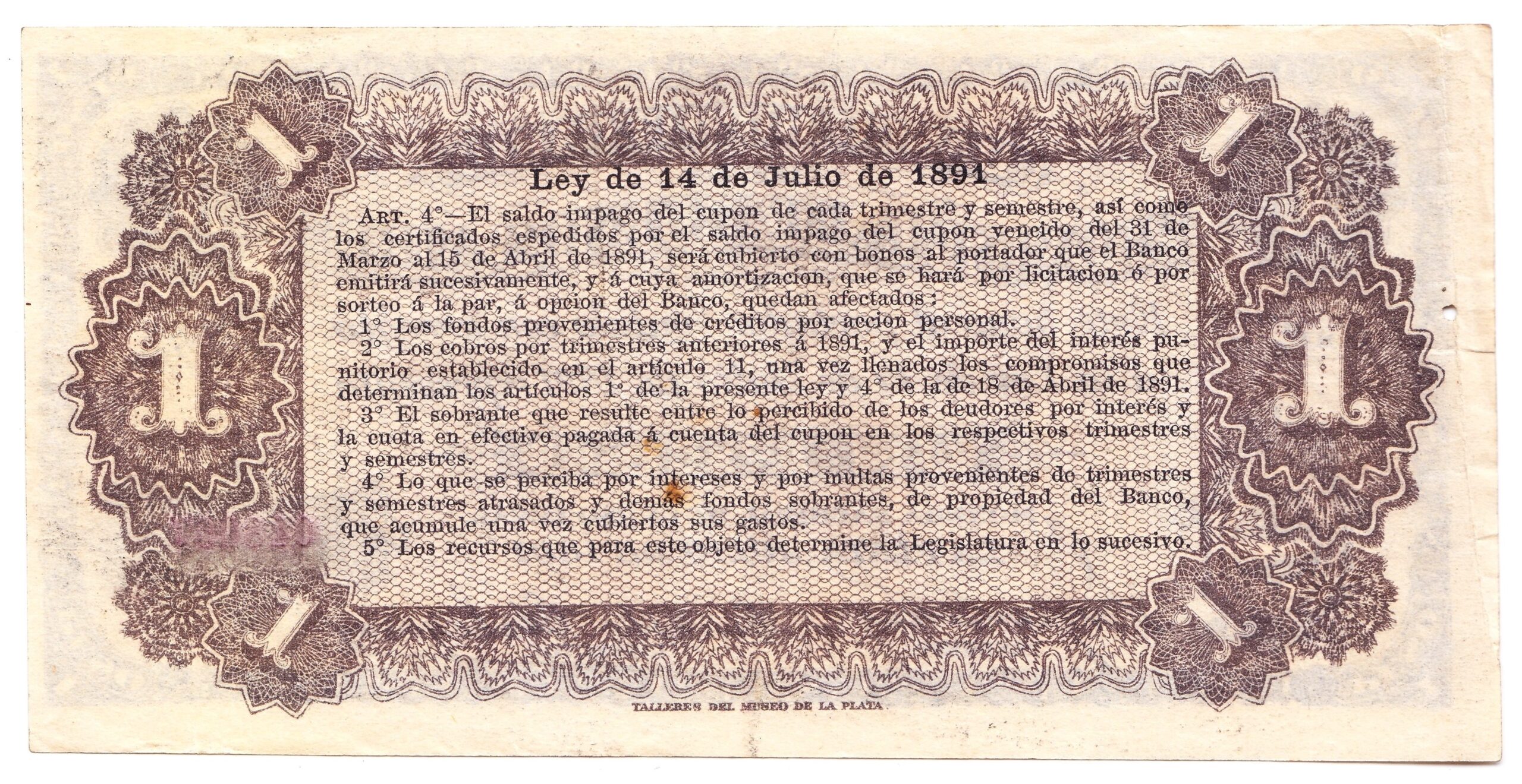 ARGENTINA Billete 1 Peso, P.S615 XF 1891 Agujero (Buenos Aires) - Imagen 2
