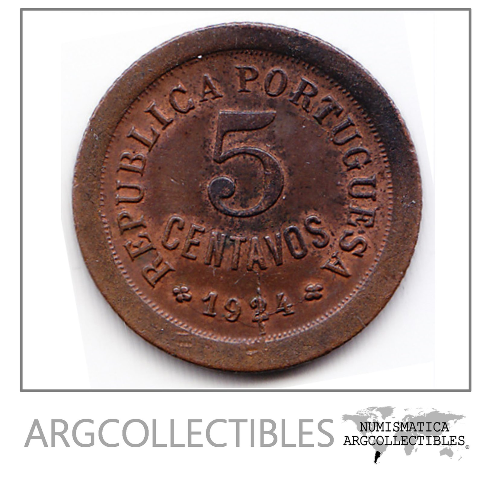 Portugal Moneda 5 Centavos Bronce 1924 KM-572 Condicion Au