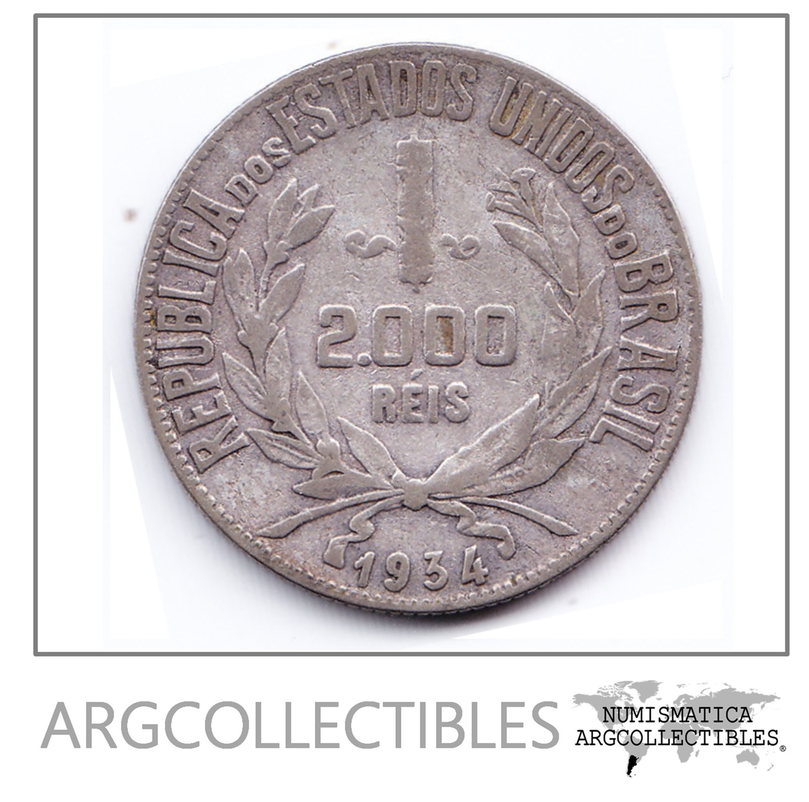 Brasil Moneda 2000 Reis Plata Año 1934 KM-526 Condicion Vf-