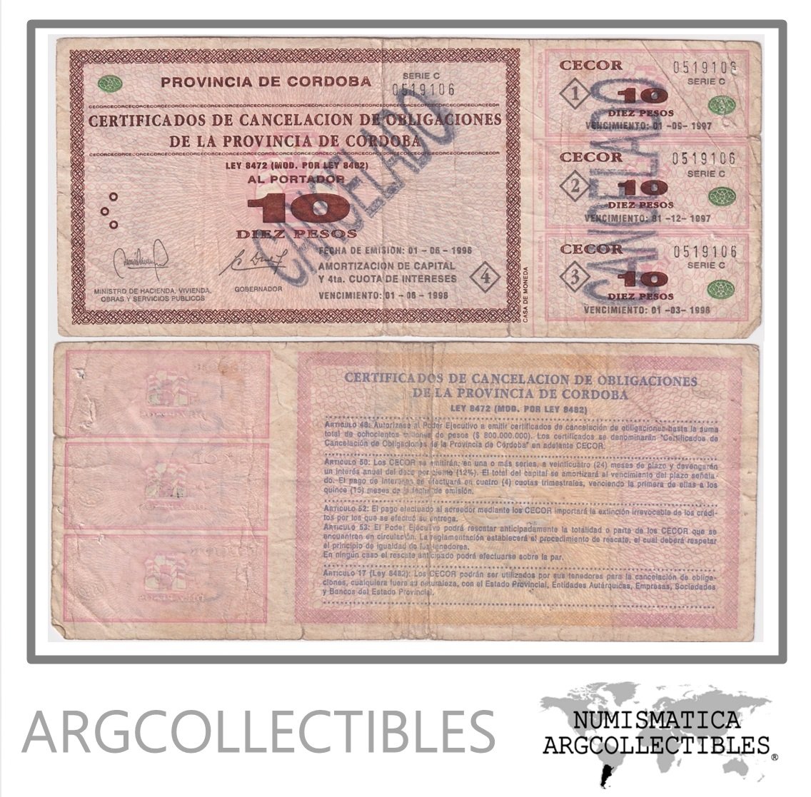 ARGENTINA Billete de emergencia 10 Pesos, P.S2380 F+ 1996 Cancelados (Cordoba)