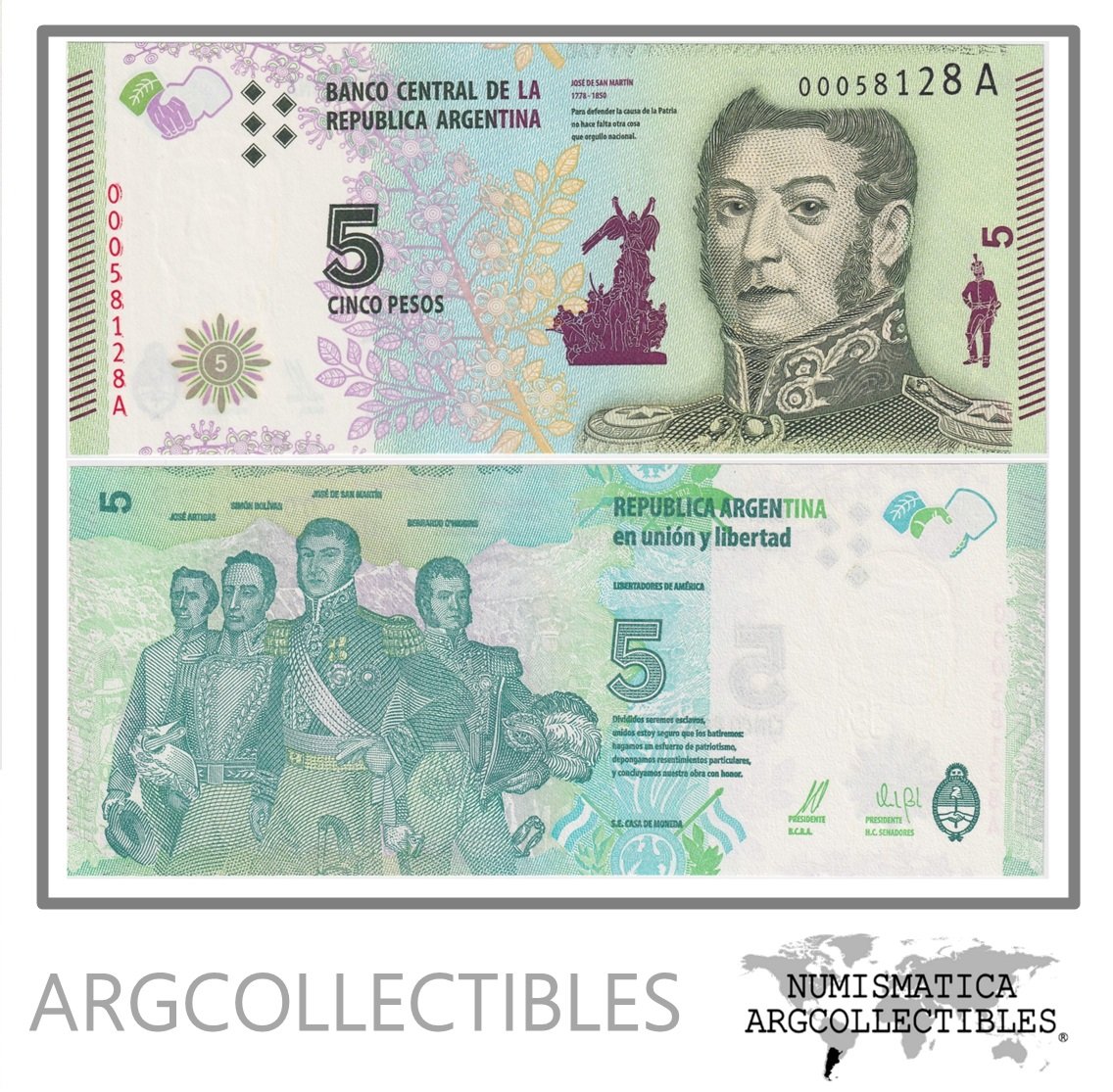 Argentina Billete 5 Pesos 2015 Error de Impresion en el Serial P-359 Unc