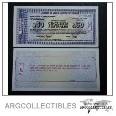 ARGENTINA Emergencia Billete 50 Australes, UNC 1985 (Buenos Aires)