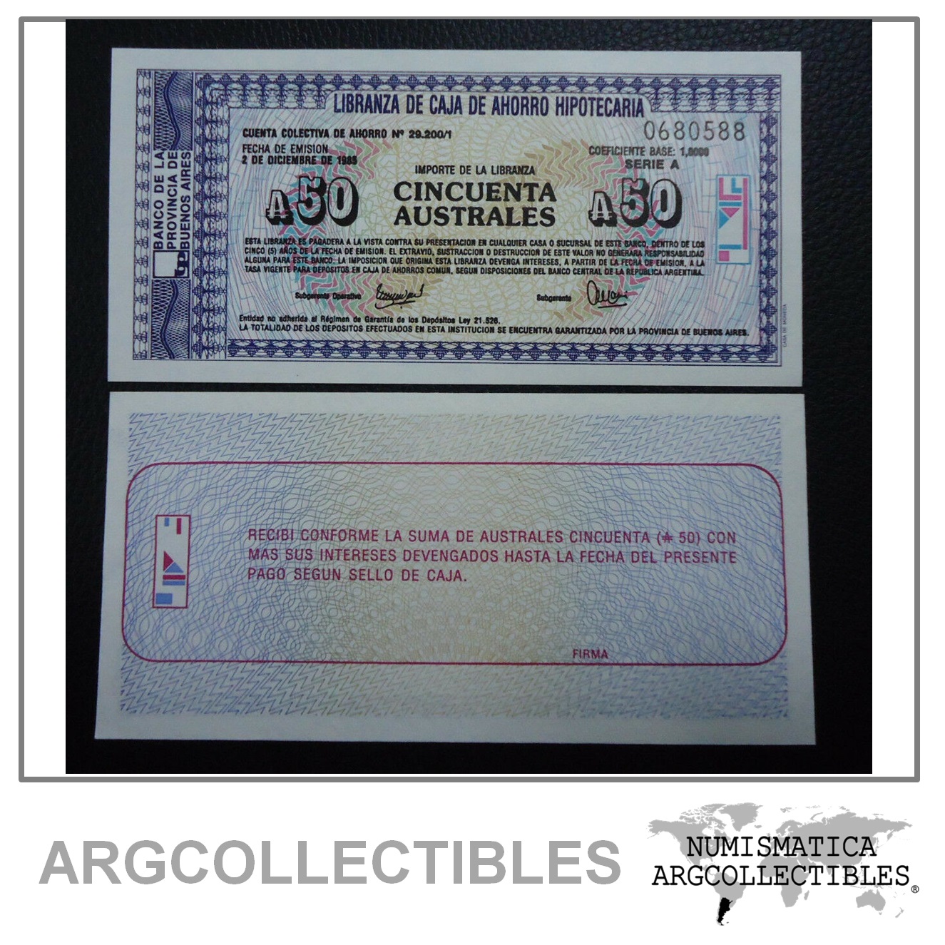 ARGENTINA Emergencia Billete 50 Australes, UNC 1985 (Buenos Aires)