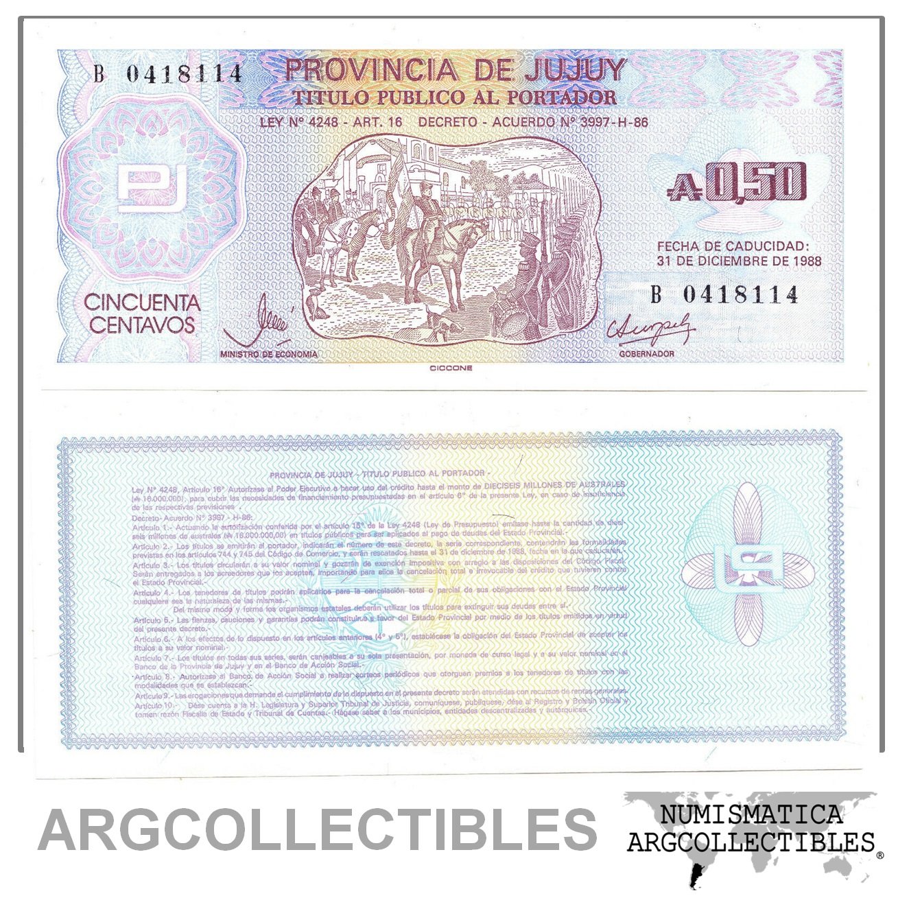 ARGENTINA Emergencia Billete Bond 0,50 Centavos Austral 1988 Jujuy P-S-2402 UNC