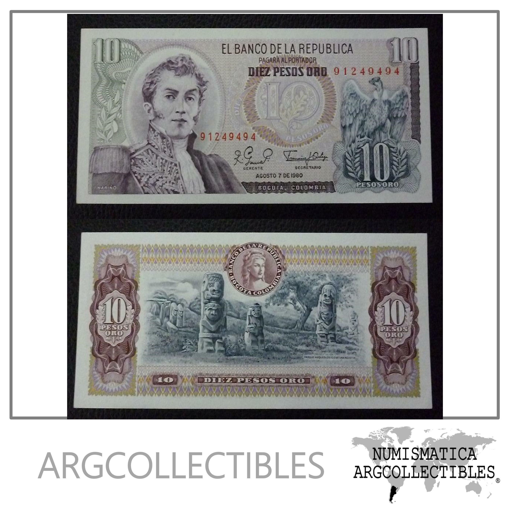 Colombia Billete 10 Pesos Oro, Pick 407g AU 1980