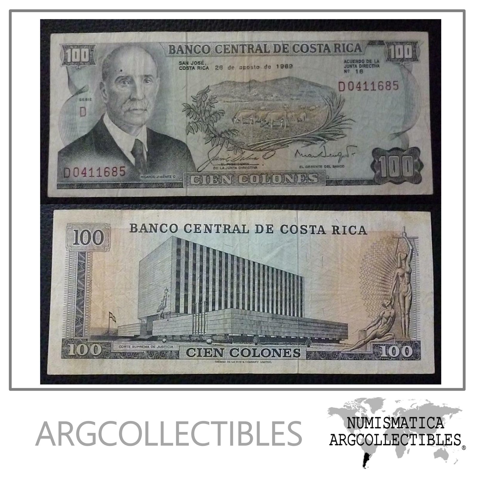 Costa Rica Billete 100 Colones, Pick 240 VF 1969