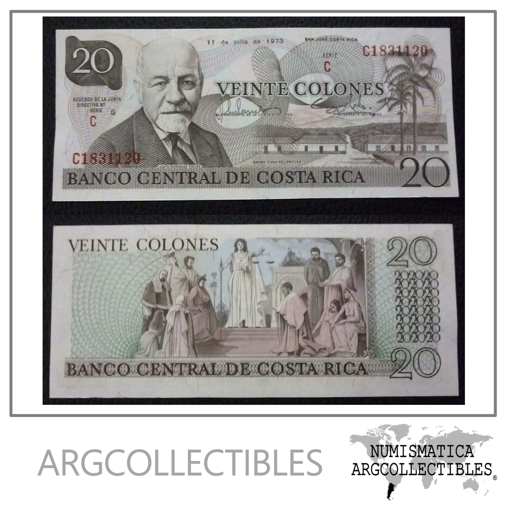 Costa Rica Billete 20 Colones, Pick 238b UNC 1973