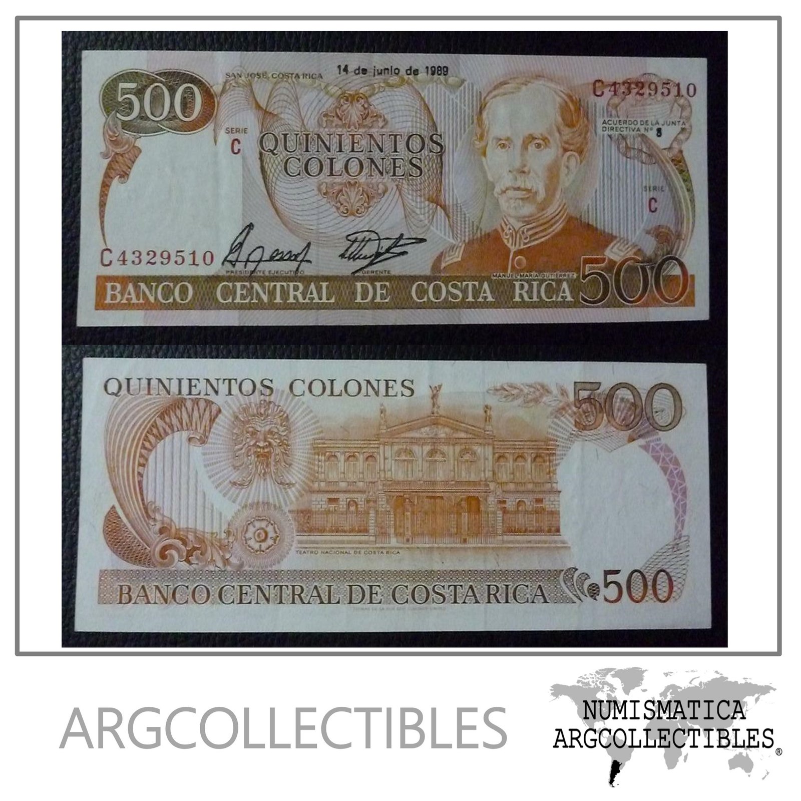 Costa Rica Billete 500 Colones, Pick 255 XF 1989