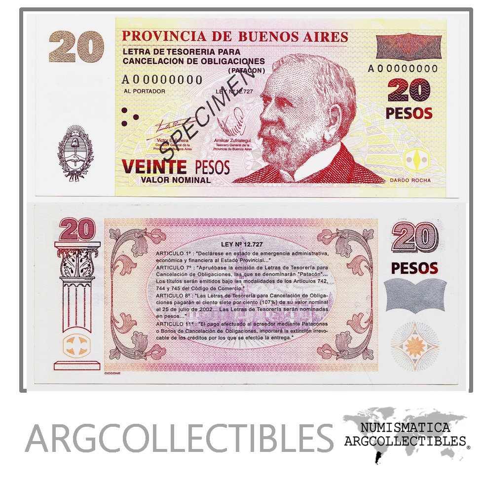 Argentina Billete 20 pesos de emergencia, XF++ 2001 (Buenos Aires) Especimen