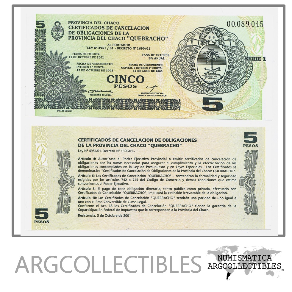 Argentina Billete 5 pesos de emergencia, P.EC-245 UNC 2001 (Chaco)