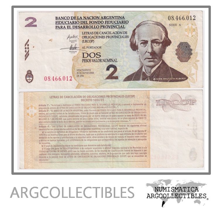 Argentina Billete Bono 2 pesos de emergencia, XF+ 2001 (Lecop)
