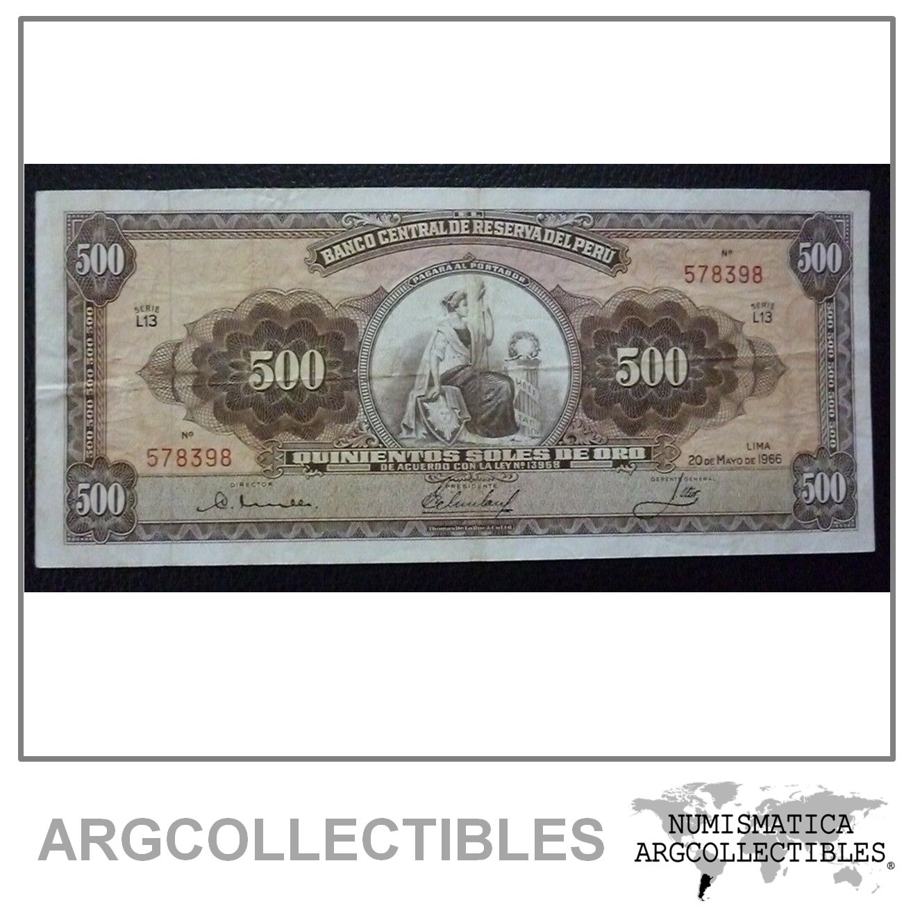 Peru Billete 500 Soles de Oro, Pick 87 VF+ 1966 (L13)