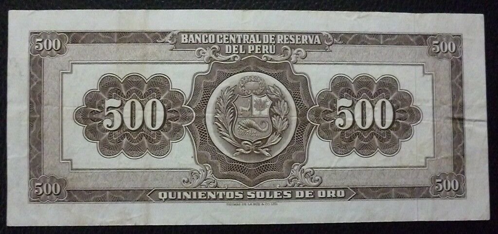 Peru Billete 500 Soles de Oro, Pick 87 VF+ 1966 (L13) - Imagen 2