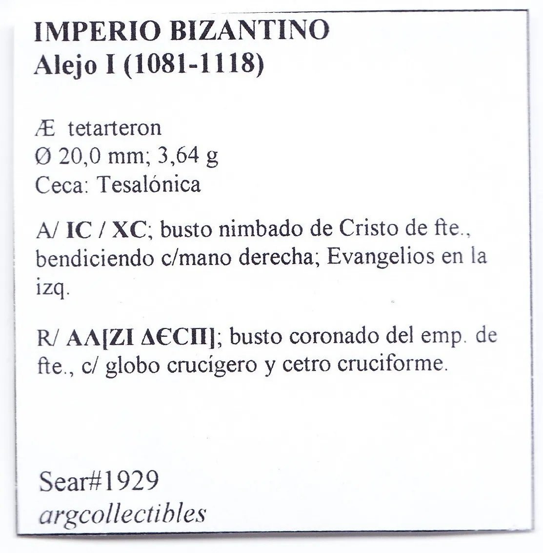 Bizantina Moneda Ae Tetarteron Tesalonica Alejo I 1081 Bt1 - Imagen 3