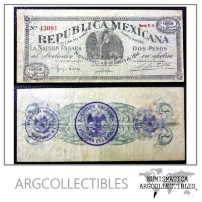 MEXICO Billete 2 Pesos, P.S938 VF+ 1914 (Monterrey)