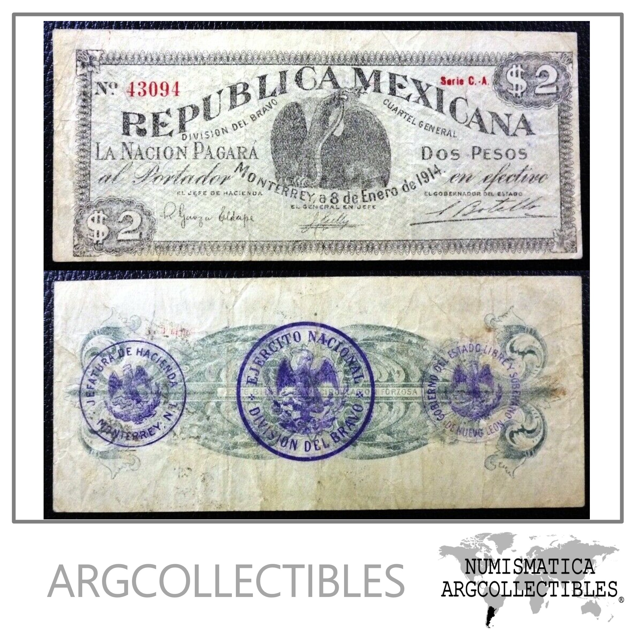 MEXICO Billete 2 Pesos, P.S938 VF+ 1914 (Monterrey)