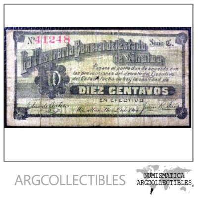 MEXICO Billete 10 Centavos, P.M3754 (SI-SN-6) F+ 1914 (Sinaloa)