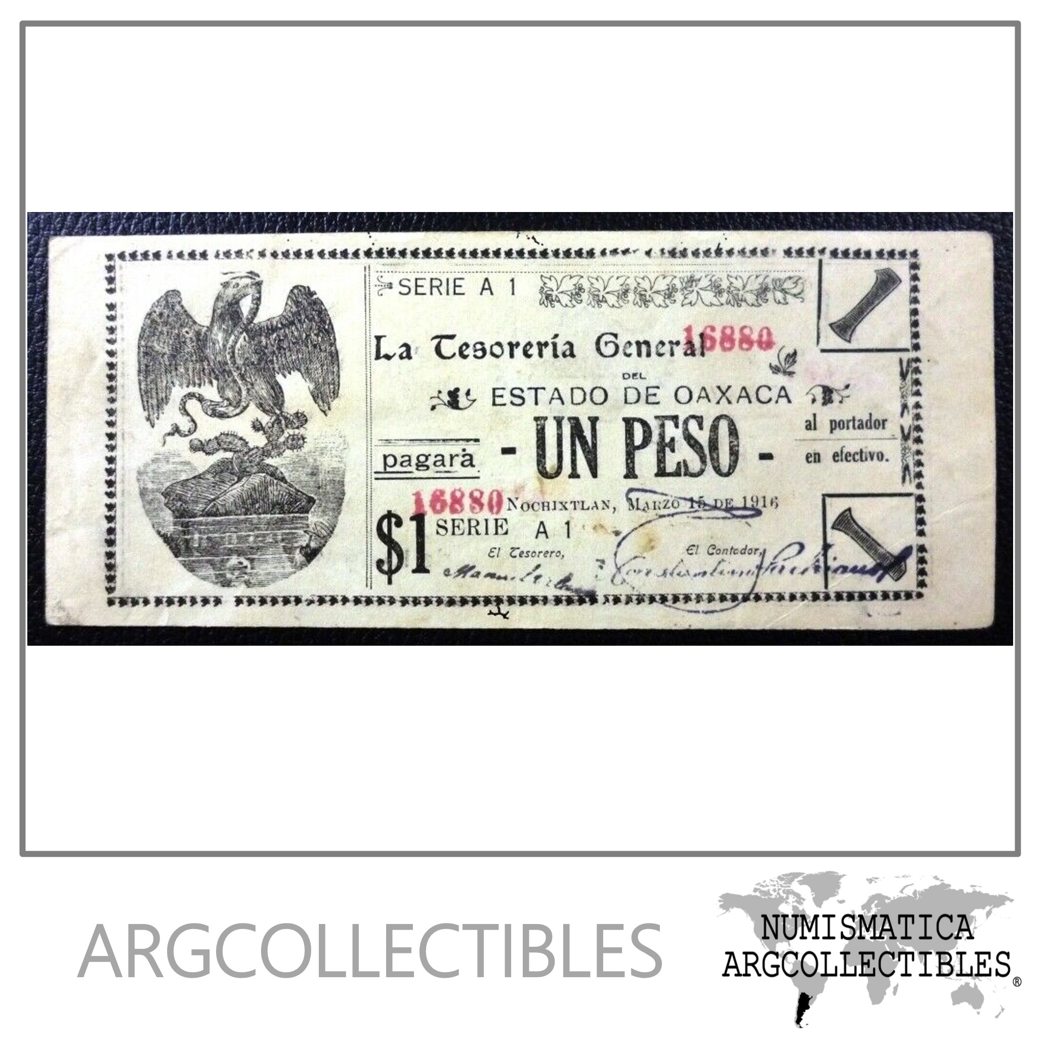 MEXICO Billete 1 Peso, P.S948b XF 1916 (Oaxaca)