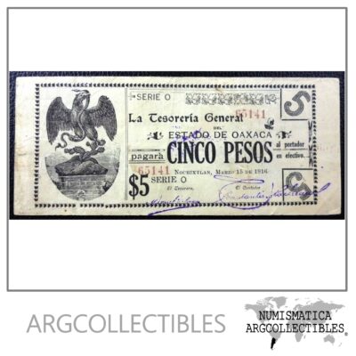 MEXICO Billete 5 Pesos, P.S949 XF 1916 (Oaxaca)