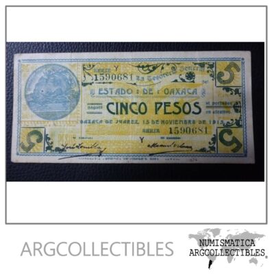 MEXICO Billete 5 Pesos, Pick S954 VF 1915 - Estado de Oaxaca