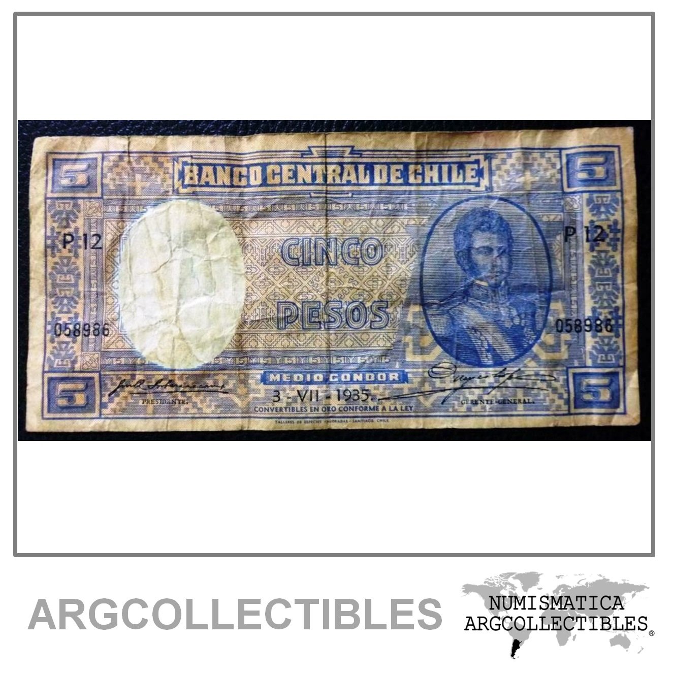 CHILE Billete 5 Pesos, Pick 91c VF- 1935