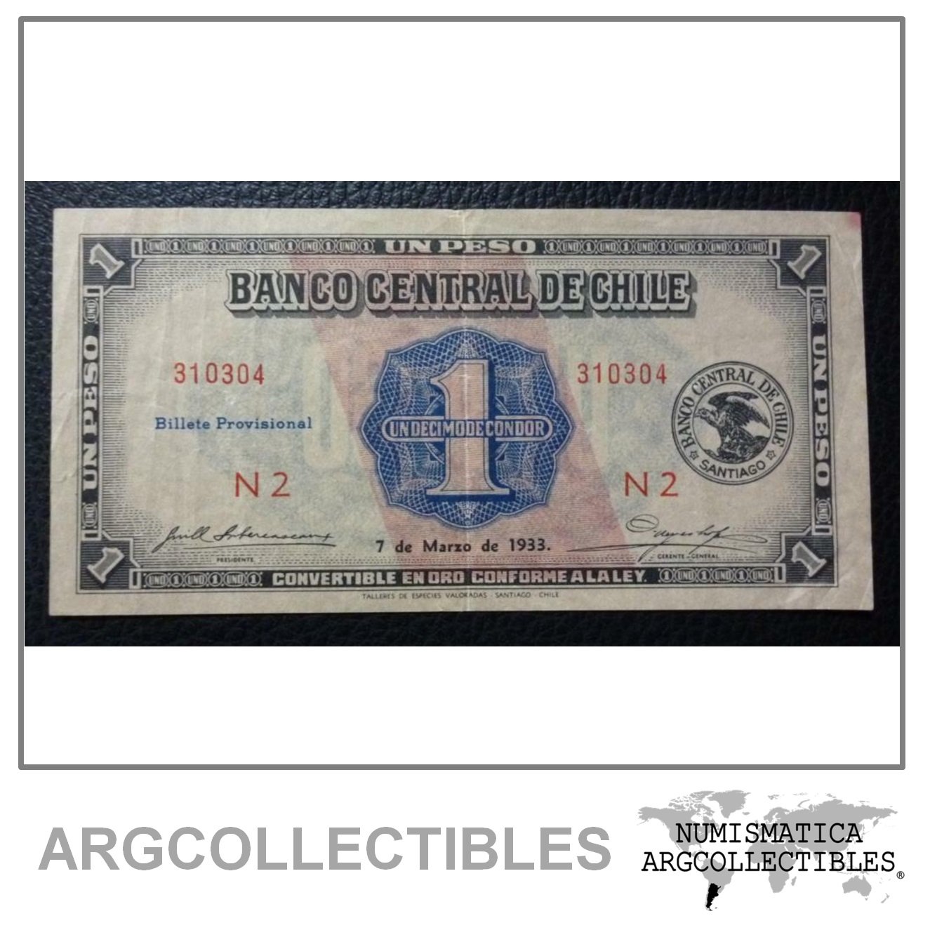 CHILE Billete 1 Peso (1/10 Condor) Pick 88b VF+ 1933 - Series N2