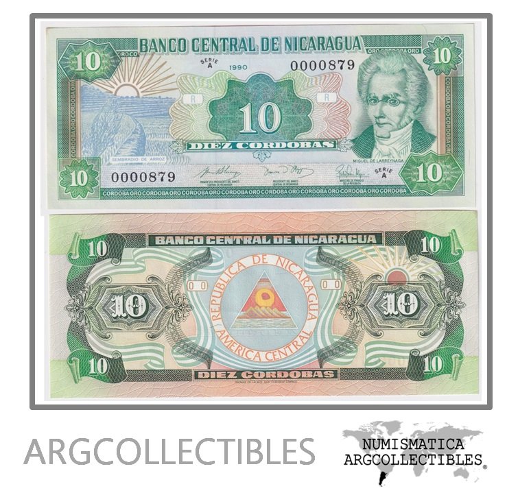 NICARAGUA Billete 10 CORDOBAS KM 175 1990 AU SERIAL BAJO