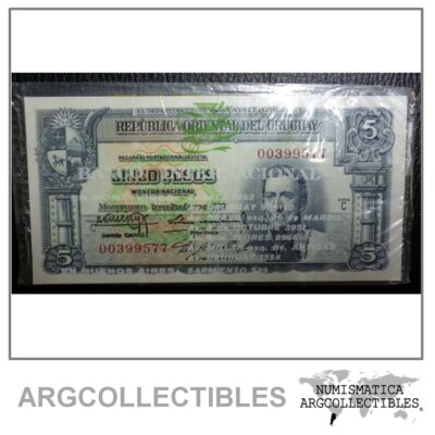 URUGUAY Billete 5 Pesos, P.36B UNC 1939 (Sobre Plastico del Banco de Montevideo)