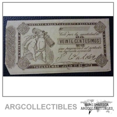 URUGUAY Billete 20 Centesimos, Pick (?), XF 1872 (Tacuarembo)
