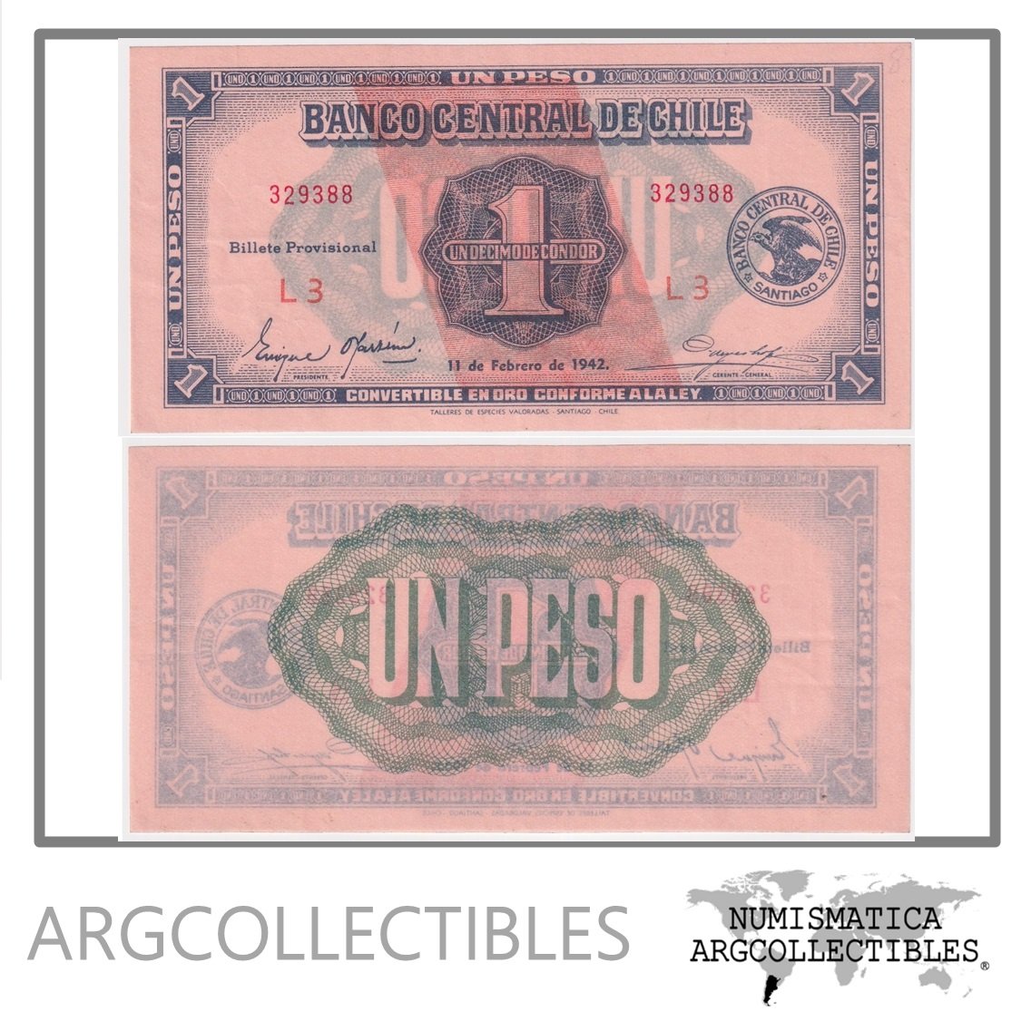 CHILE Billete 1 Peso (1/10 Condor) P-89 UNC 1942 (Serie L)